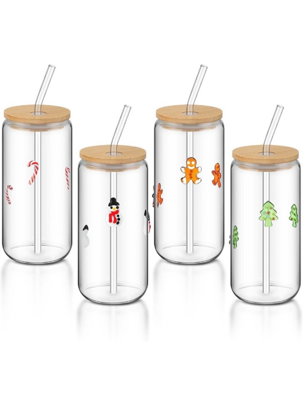 Set of 4 Christmas Glass Tumblers with Lids & Straws - 20 oz Drinkware